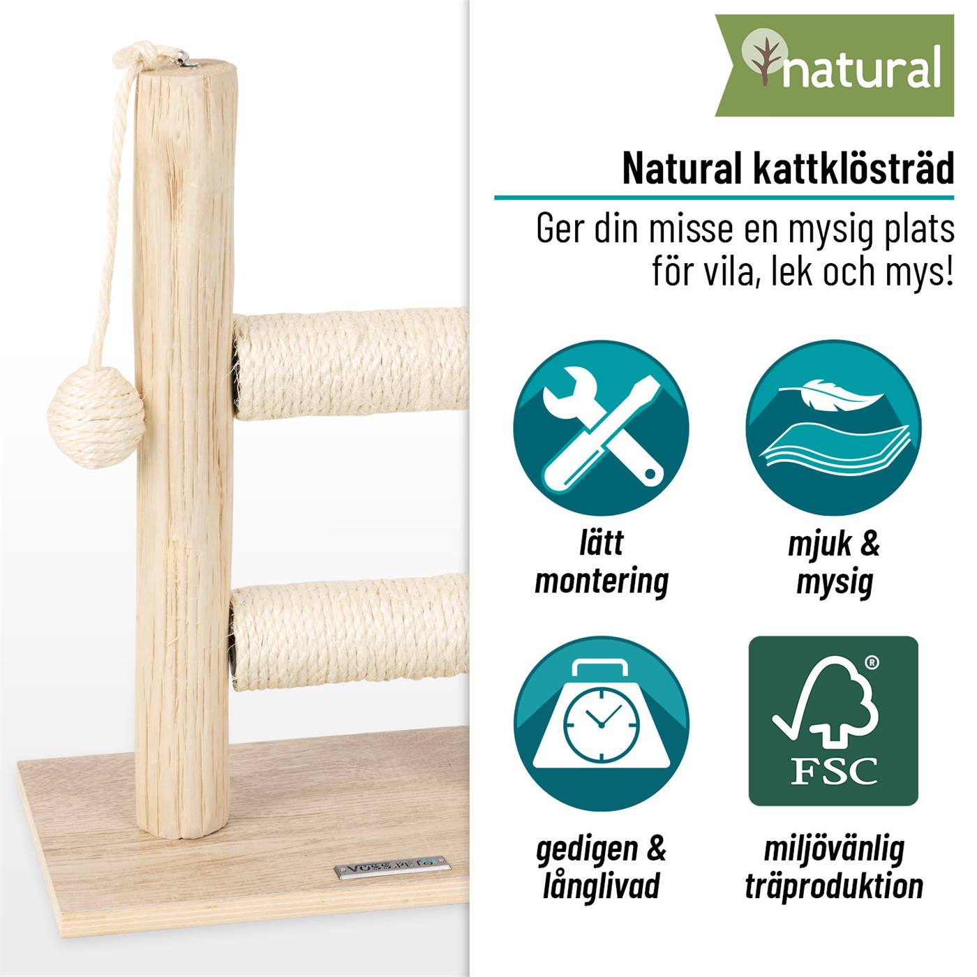 VOSS.PET "Morea" klösbräda i äkta trä: Högkvalitativ 43 cm klösbräda tillverkad av naturligt Tanoak-trä, med rep, bollleksak och symboler för miljövänlighet, komfort och enkel montering.