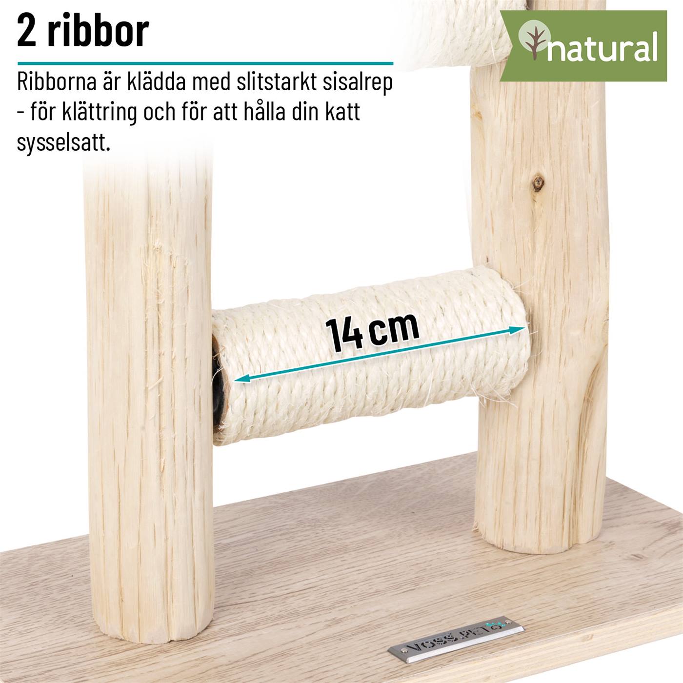 VOSS.PET "Morea" klösbräda i äkta trä består av två stolpar i naturligt tanoakträ med en 14 cm lång sisalomlindad stolpe, vilket skapar en elegant 43 cm lång premiumklösbräda för katter.