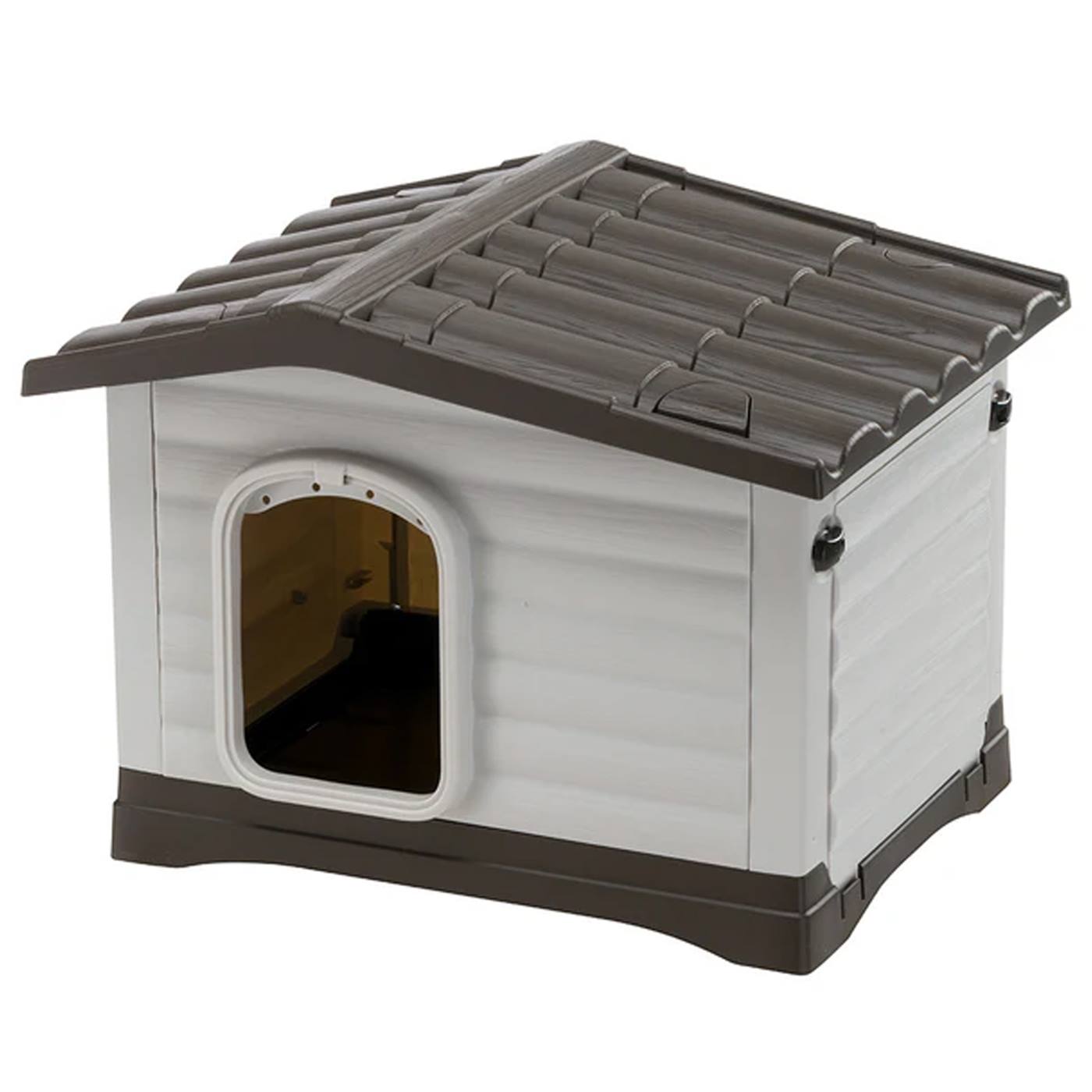 Hundkojan Dogvilla 60 är en hundkoja med mörkt plasttak (58x48x44cm) med ljusgrå väggar och en välvd ingång.