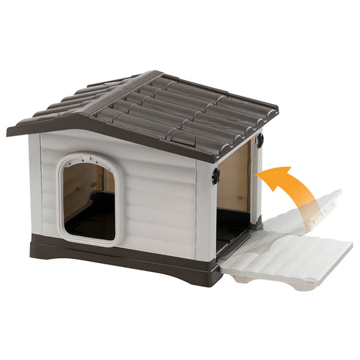 Hundkojan Dogvilla 60 är en ljusgrå hundkoja i plast (58 x 48 x 44 cm) med mörkt tak. Här visas den med en öppen sidodörr, som markeras med en orangefärgad pil.