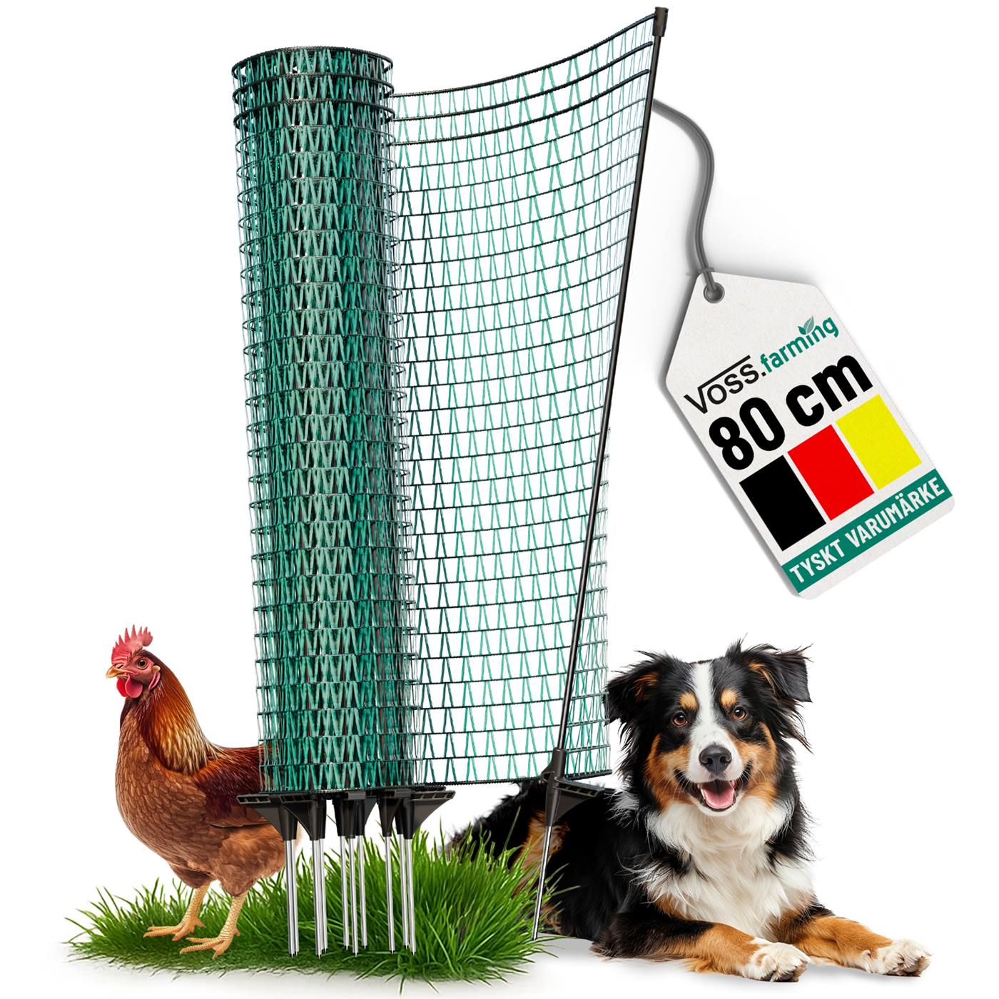 Dubbelklicka för att förstora VOSS.farming classic 20 m grön rullstängsel, 80 cm hög, inkl. 12 stolpar; idealisk som camping- eller avgränsningsstängsel, inte elektrisk.