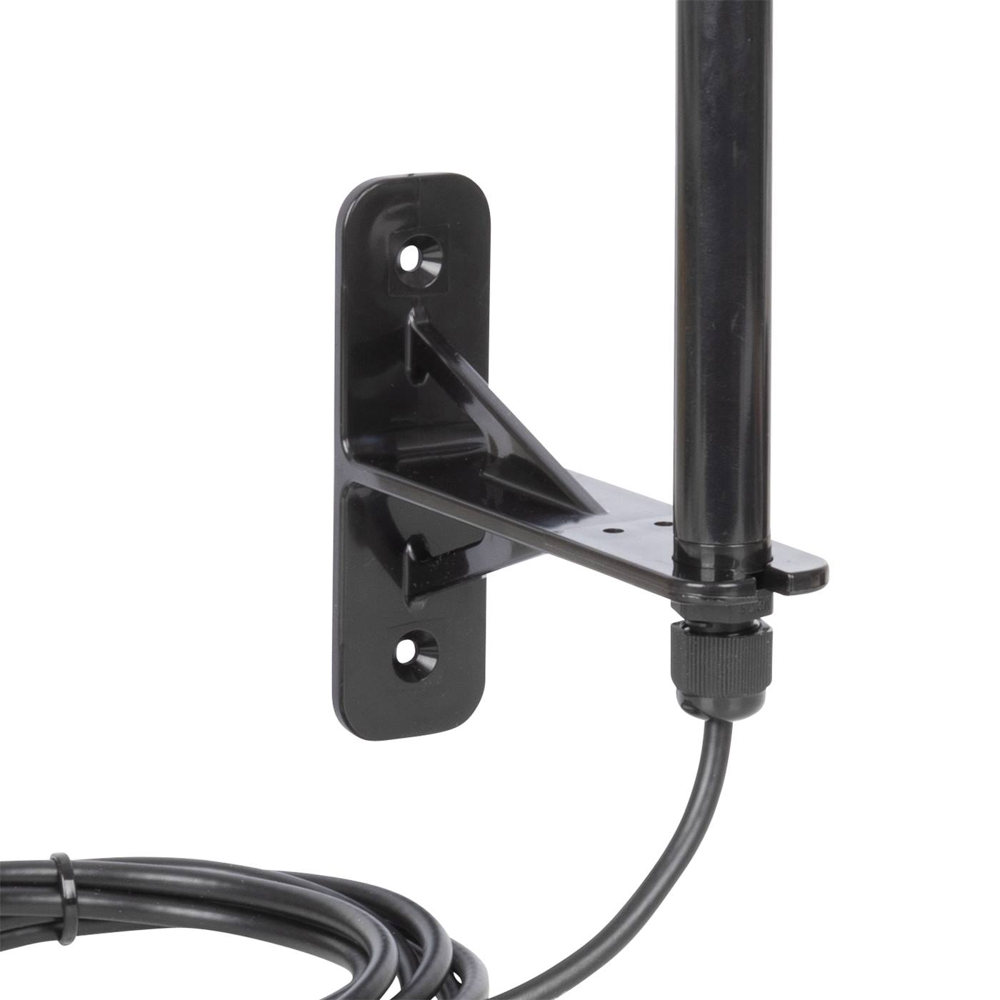 Svart antenn för "impuls duo RF" elstängselaggregat för att öka radioprestandan, inklusive monteringsfäste och 2,5 m kabel, som är snyggt lindad runt basen.