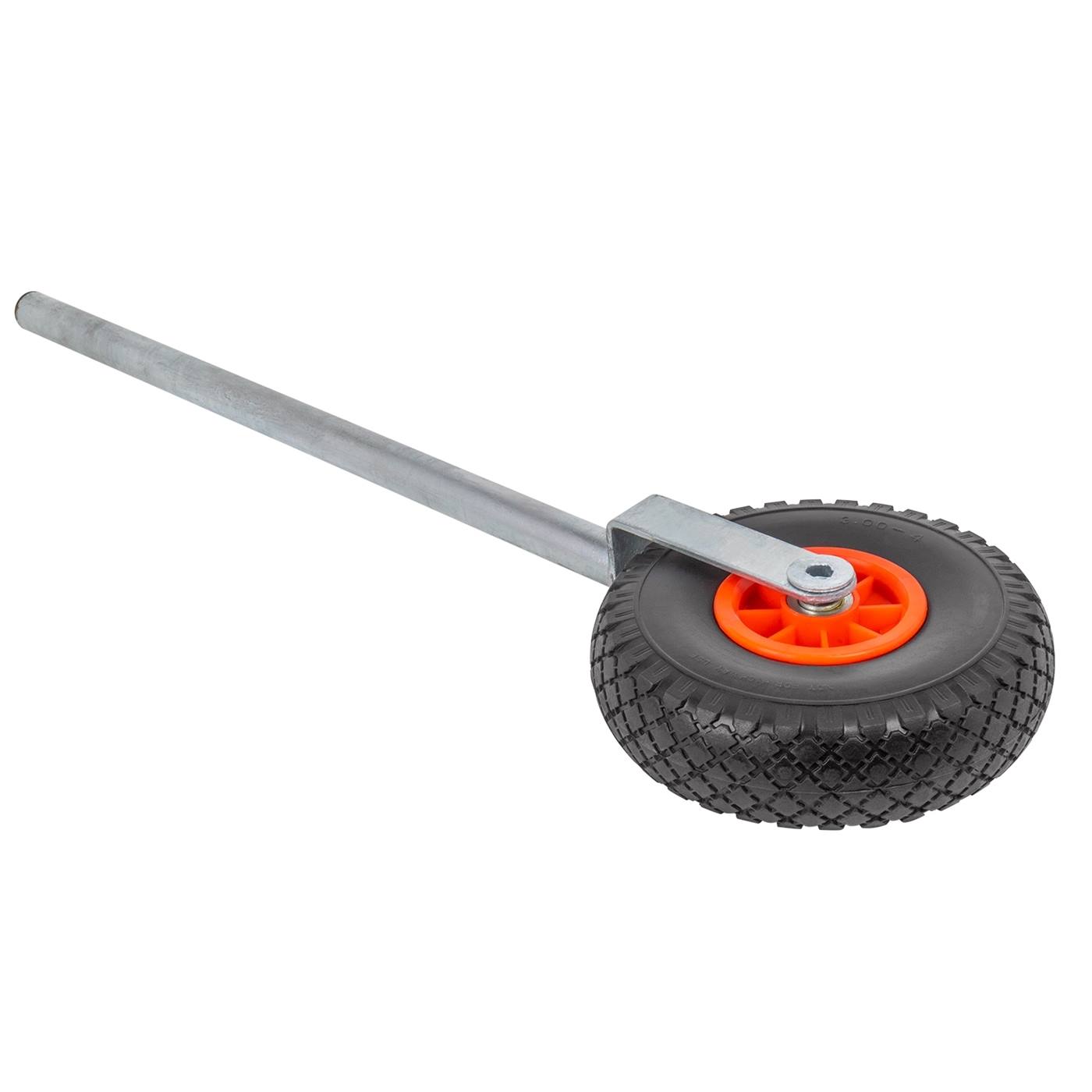 Dubbelklicka för att förstora VOSS.farming Premium stödhjul (PU) för betesgrindar har ett svart gummihjul med ett orangefärgat nav på en lång metallaxel och inkluderar en U-bult från VOSS.farming.