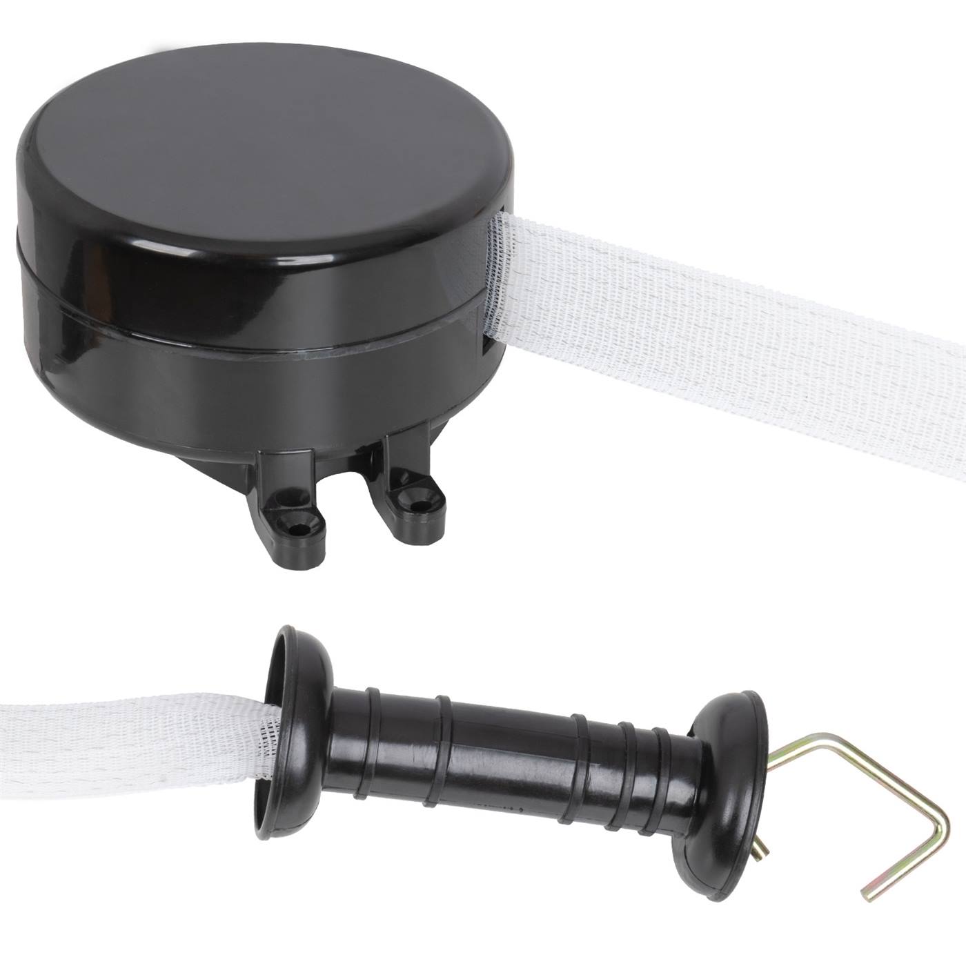 VOSS.farming "Automatisk grind", grindset med bandlindning, 5m: Svart hus med vitt band och svart grindhandtag med metallkrok.