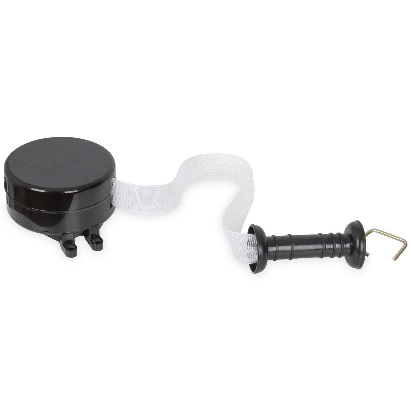 VOSS.farming "Automatic Gate", grindset med bandlindning, 5m: Svart hus med vitt band och svart grindhandtag med metallkrok.