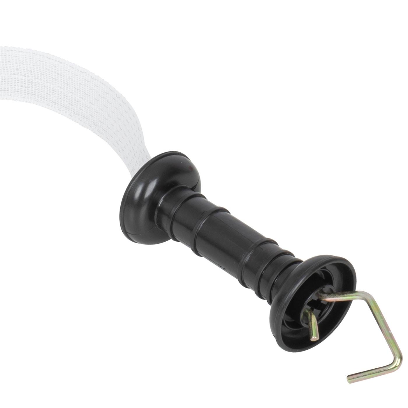 Detaljbild av det svarta grindhandtaget VOSS.farming "Automatic Gate", grindset med vit rem