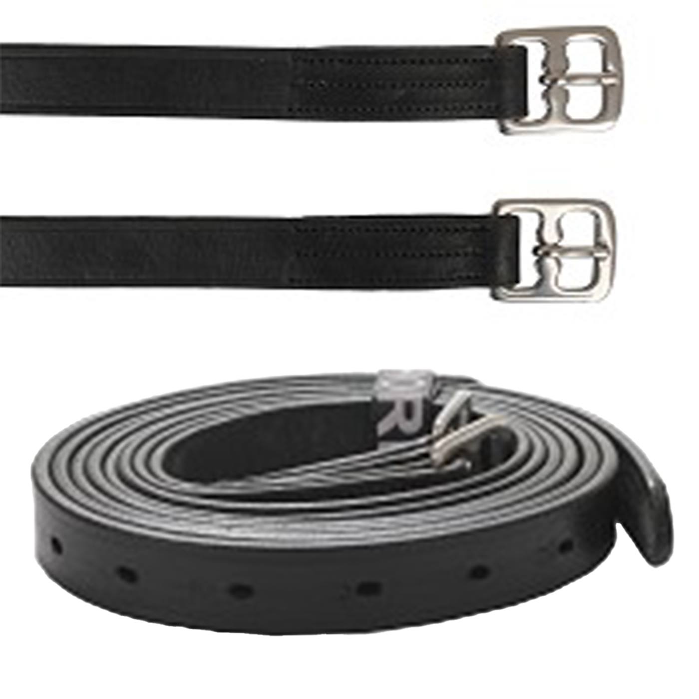 Stigläder, läderstigläder med rostfria stålspännen, svart/silver, st. 115