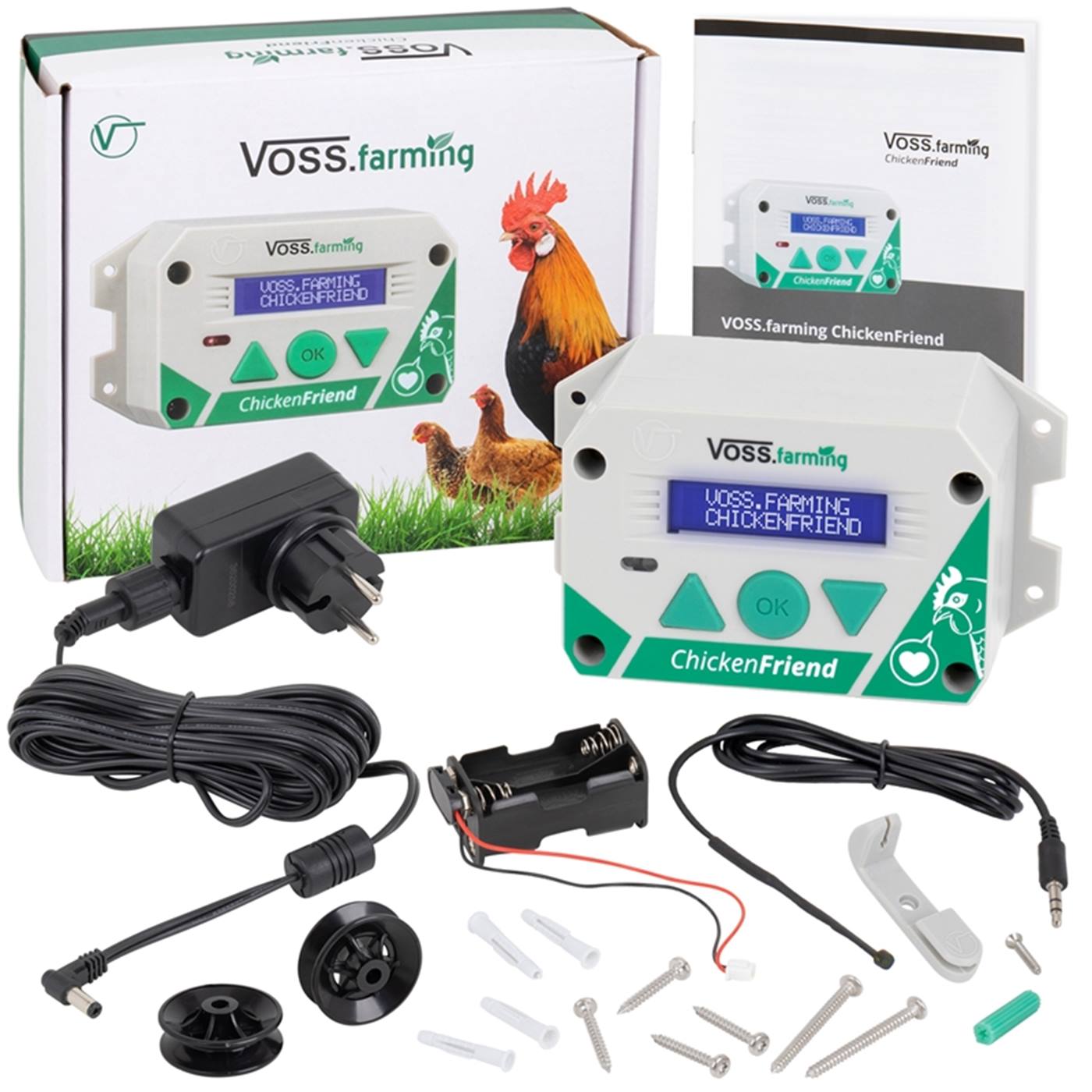 Dubbelklicka för att förstora SET VOSS.farming "ChickenFriend" automatisk kycklingdörr, kycklinglucka 300 x 400 mm inklusive styrenhet, kablar, skruvar och förpackning med tuppmotiv - Märke: VOSS.farming.