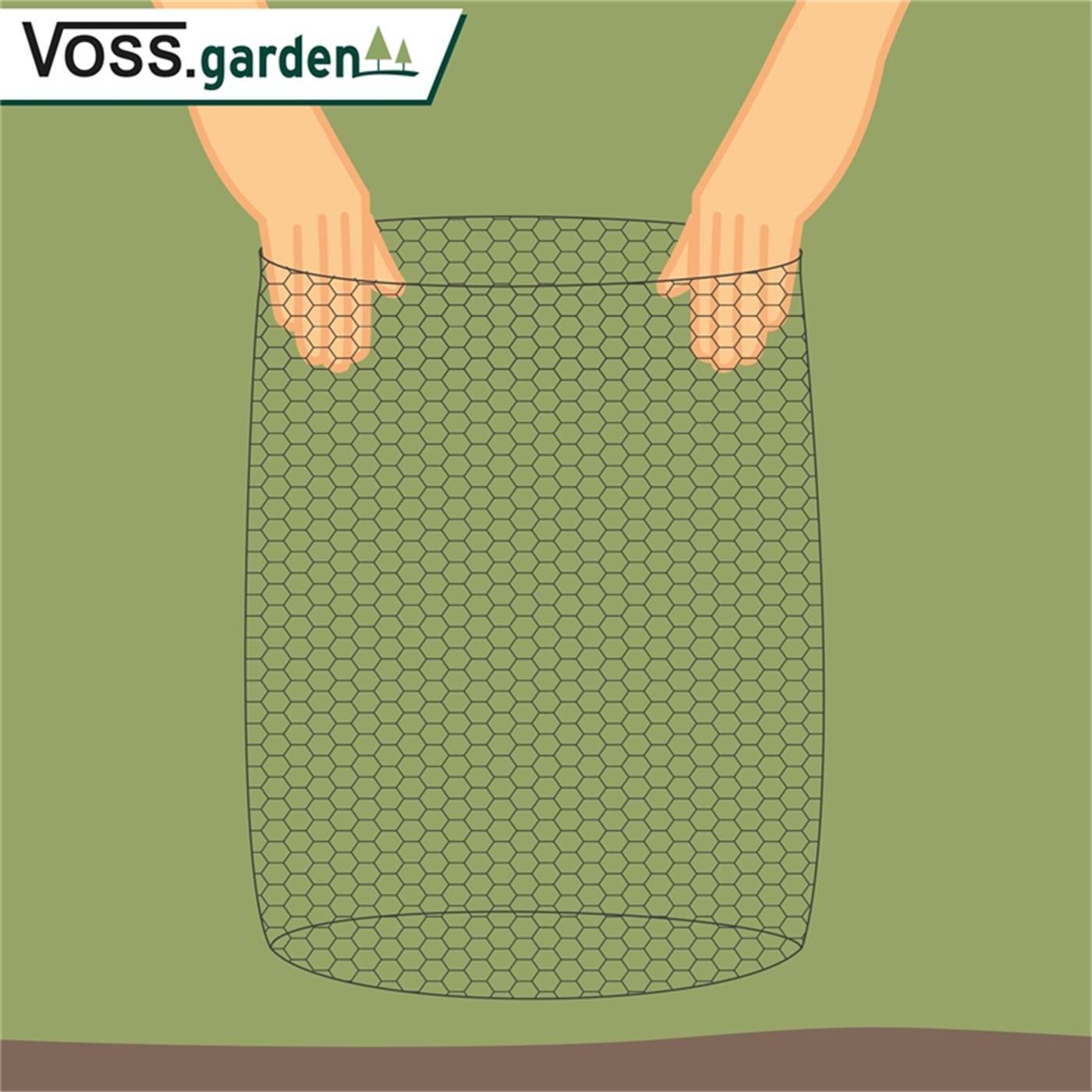 Illustration av två händer som håller i en Voss.farming skyddskorg för sorkar (Ø 60 cm, galvaniserad) mot en grön bakgrund, med Voss.garden-logotypen.