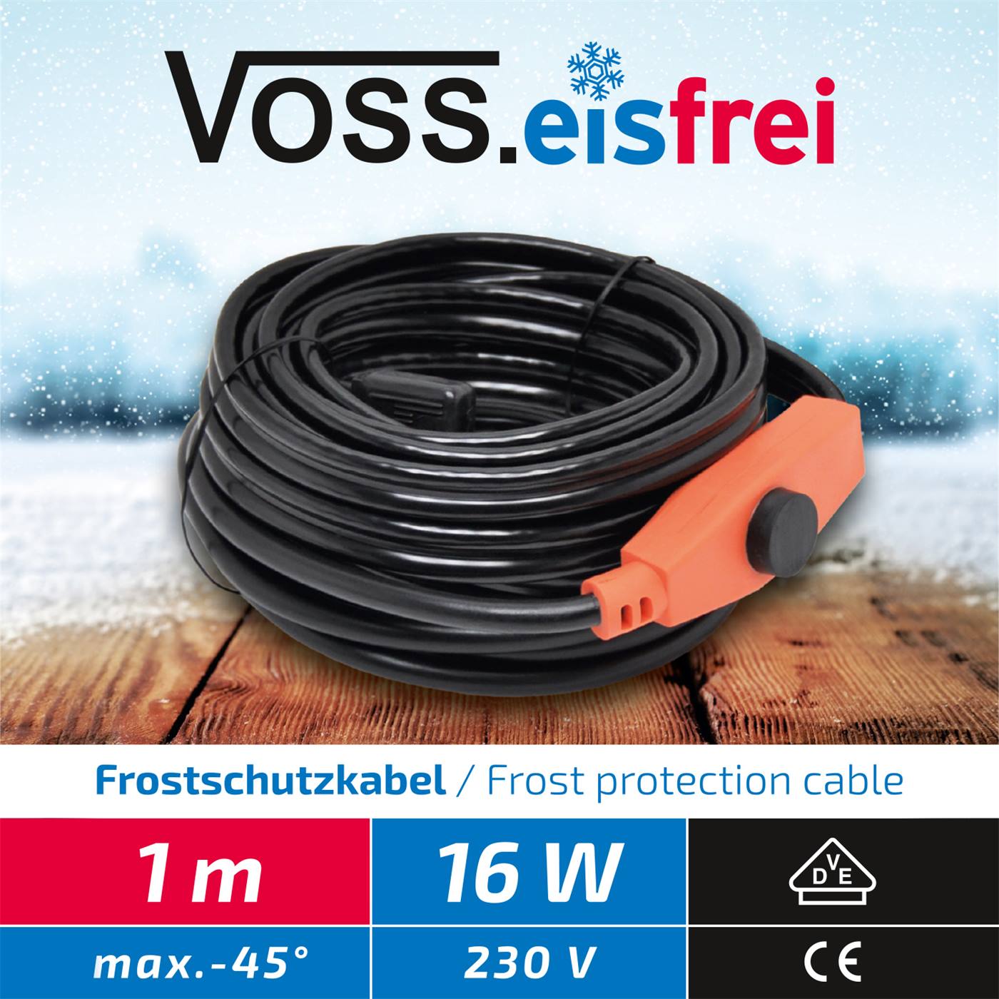 1m VOSS.eisfrei värmekabel frostskyddskabel, rördragningsvärme, 16W, 230V, med svart kabel och orange stickpropp, skyddar ner till -45°C, symboler för tekniska data och certifieringssymboler.