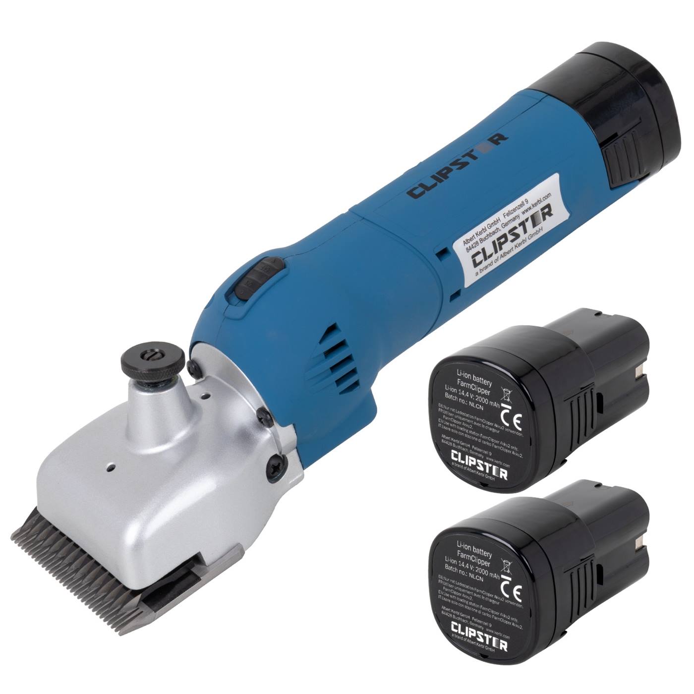 Boskapsklipparen Kerbl "FarmClipper Akku2" från Kerbl har ett metallblad och levereras med två löstagbara batterier.