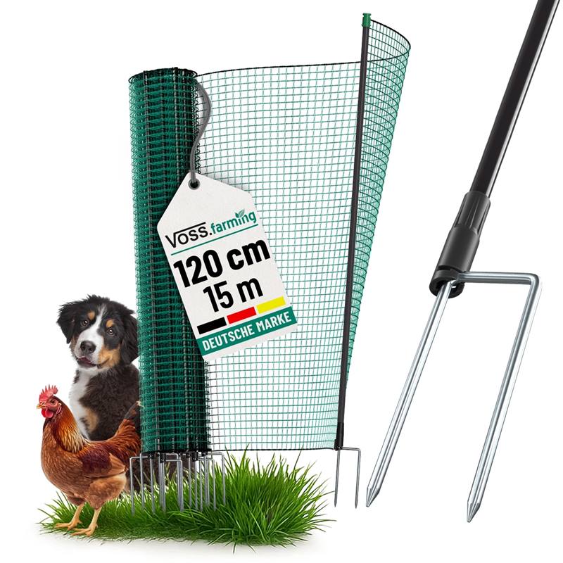 Stängselnät classic 15 m x 120 cm, 9 dubbelspetsade stolpar, grön, utan el, VOSS.farming